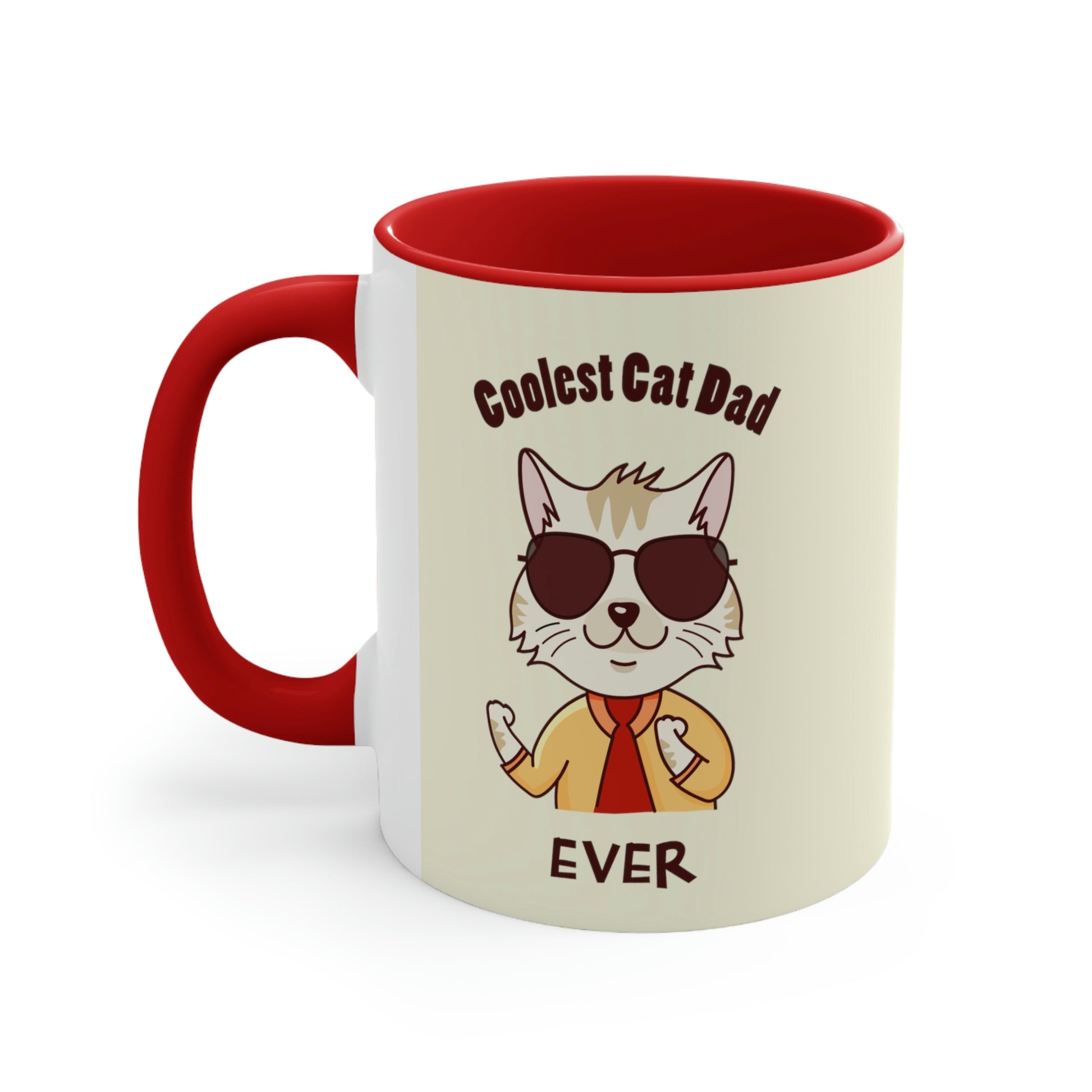 Red and cream mug with a cartoon cat and the text "Coolest Cat Dad Ever."