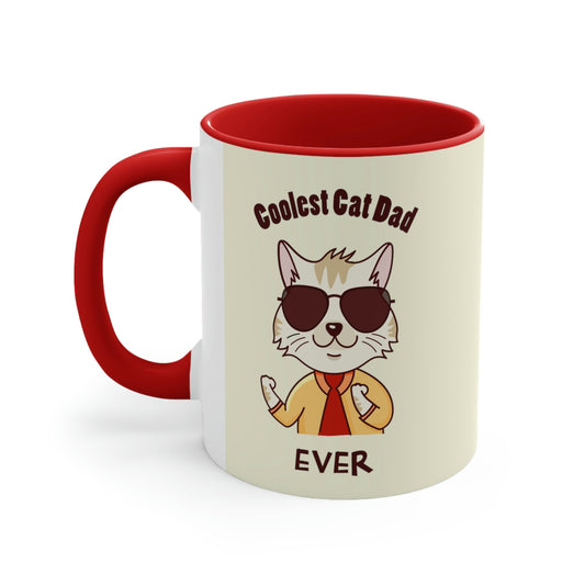 Red and cream mug with a cartoon cat and the text "Coolest Cat Dad Ever."