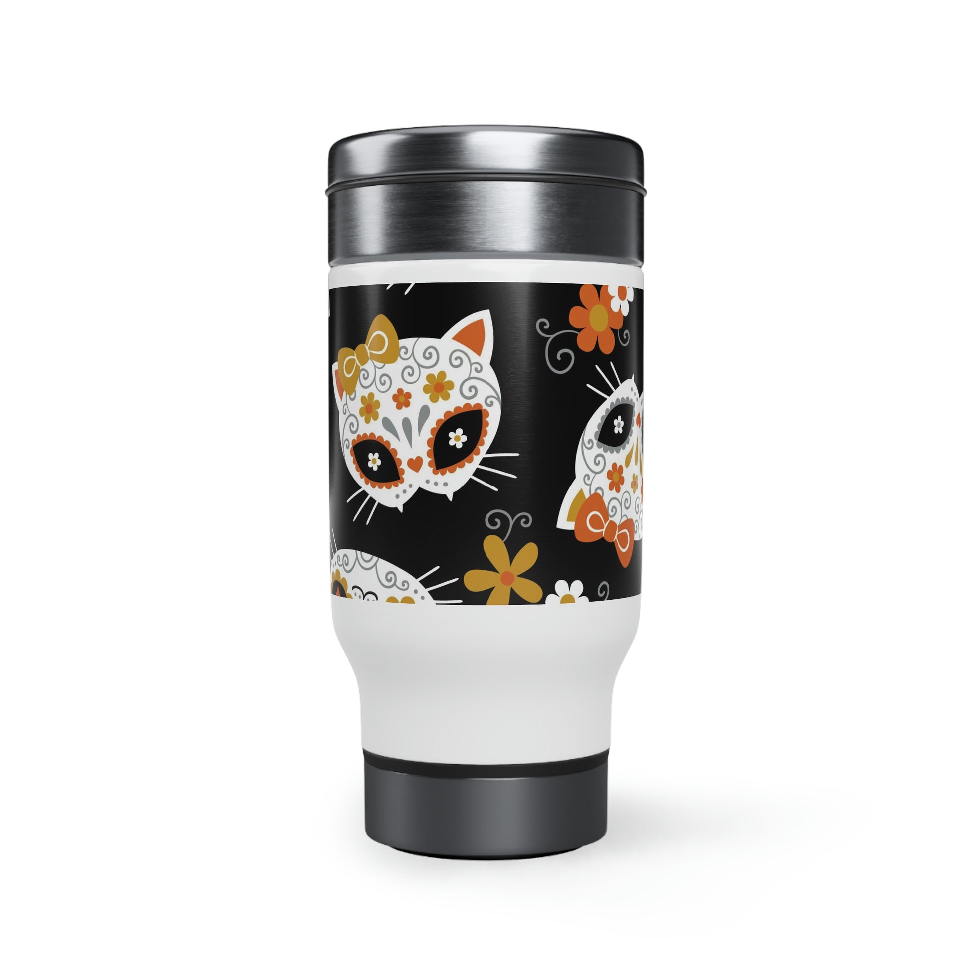 Stainless Steel Travel Mug With Colorful Day Of The Dead Festival Design Of Cat Skulls