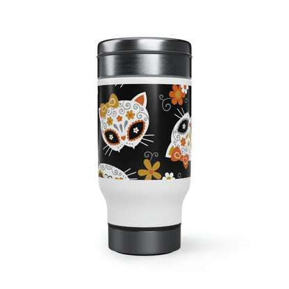 Stainless Steel Travel Mug With Colorful Day Of The Dead Festival Design Of Cat Skulls