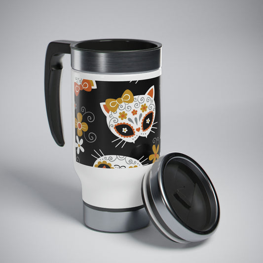 Stainless Steel Travel Mug With Colorful Day Of The Dead Festival Design Of Cat Skulls