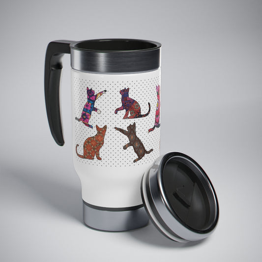 Stainless steel insulated travel mug with handle of multicolor design of cat silhouette pattern. The mug is screw-on cap type and is shown with the cap detached.