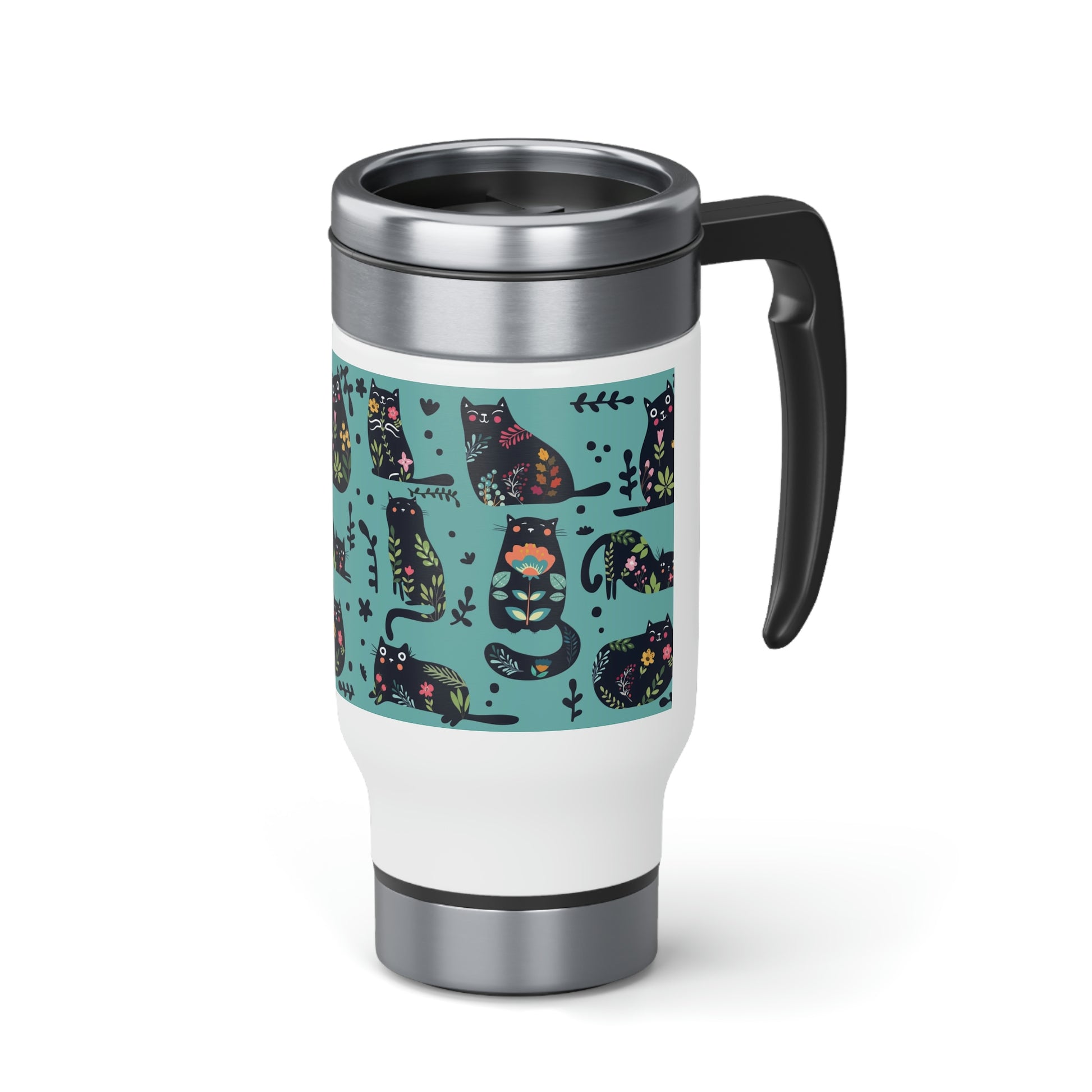 A stainless steel travel mug with a colorful cats-and-flowers design and a black handle. 
