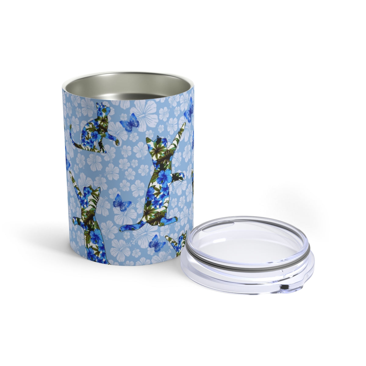 A stainless steel tumbler with a floral pattern featuring flowers, butterflies, and cat silhouettes on a blue and white floral background.