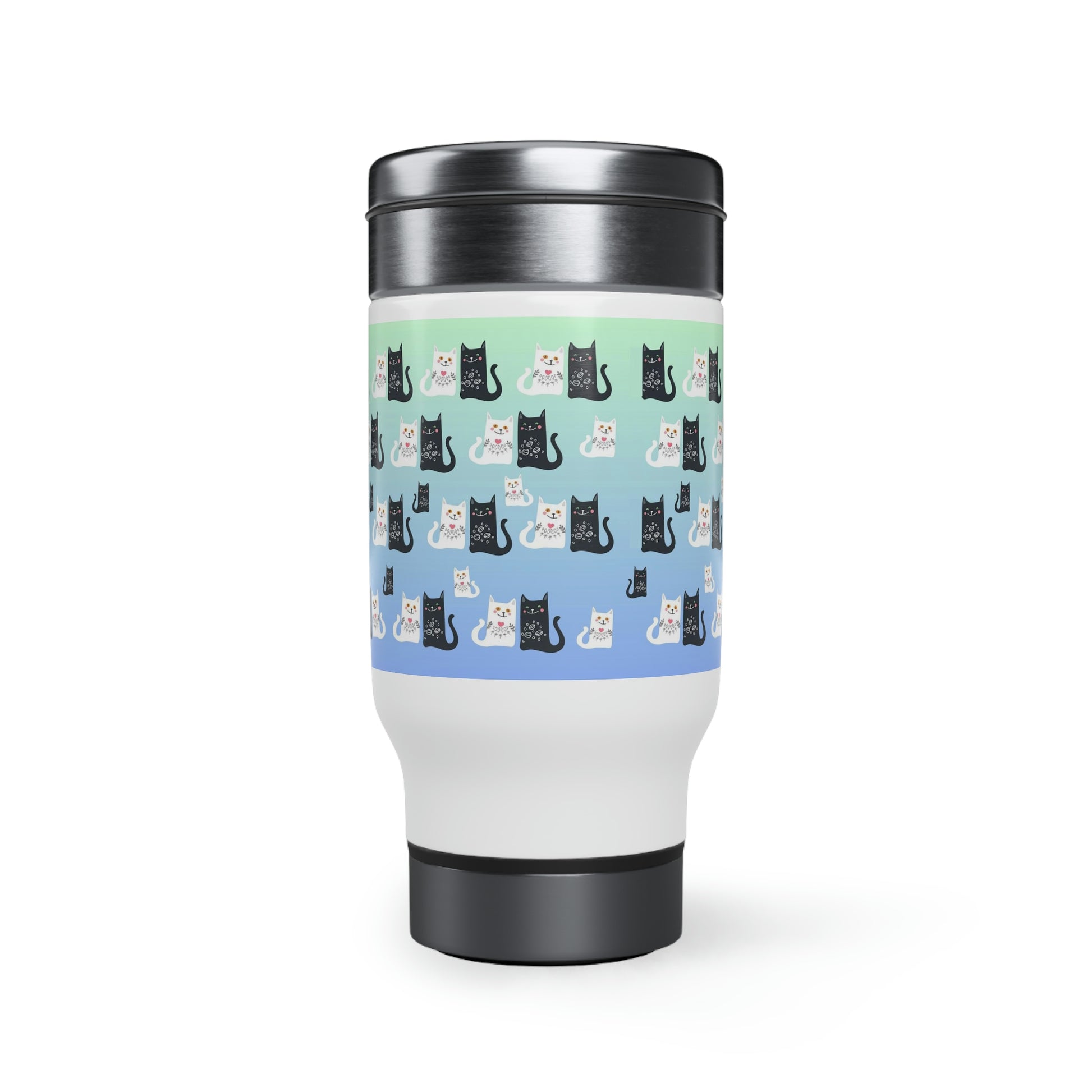 Travel Mug featuring black and white kittens pattern design on blue background with screw cap lid and handle