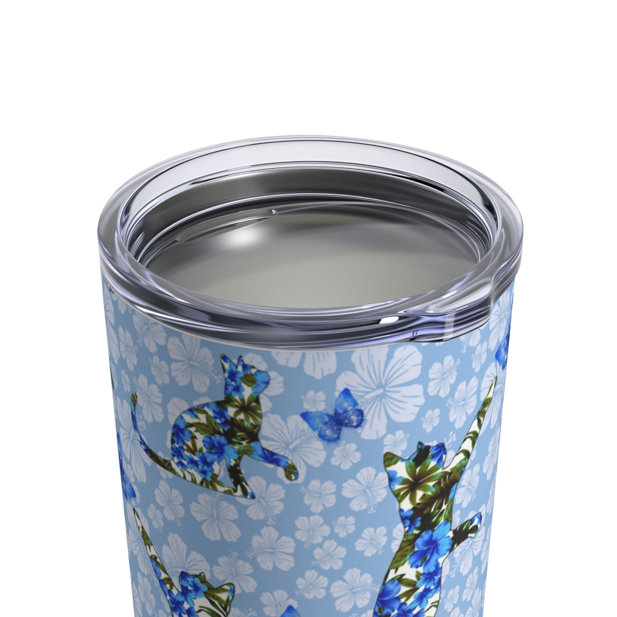 A stainless steel tumbler with a floral pattern featuring flowers, butterflies, and cat silhouettes on a blue and white floral background.