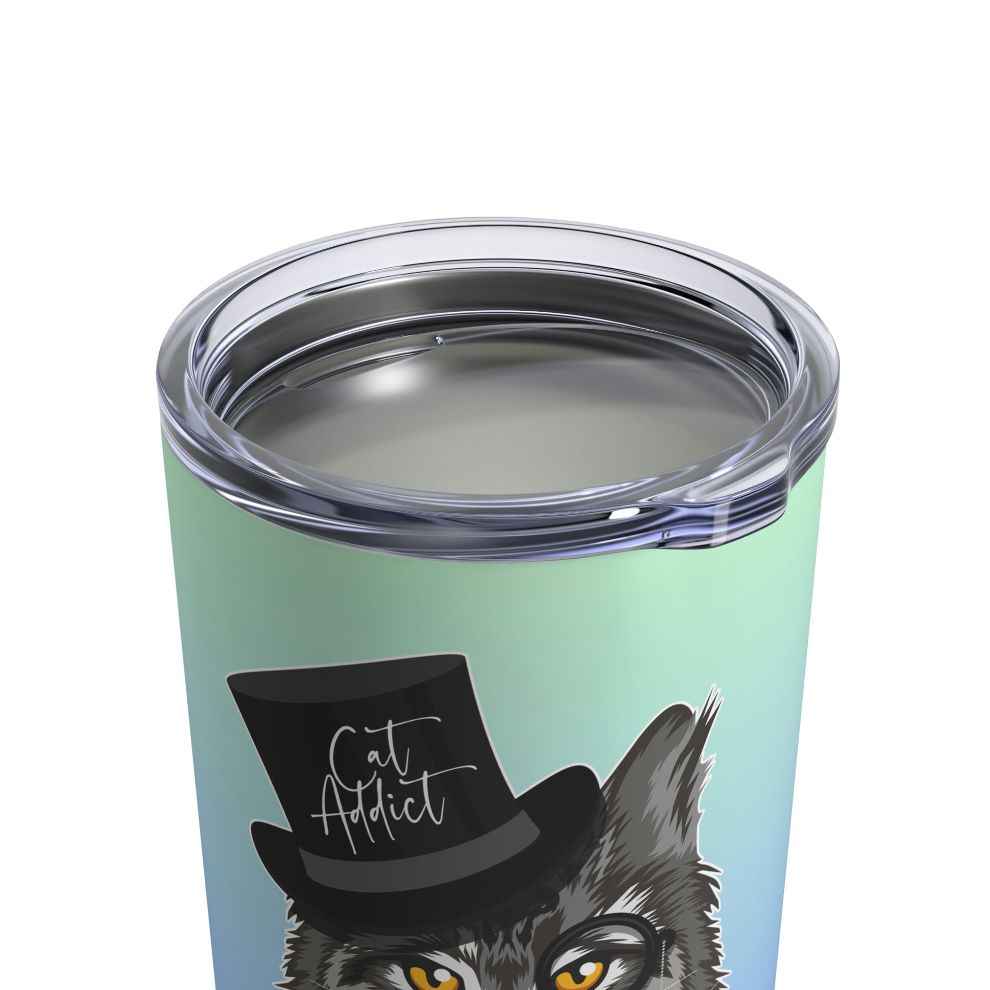 A stainless steel tumbler with a graphic of a Maine coon cat wearing a black top hat and the text 'Cat Addict'.