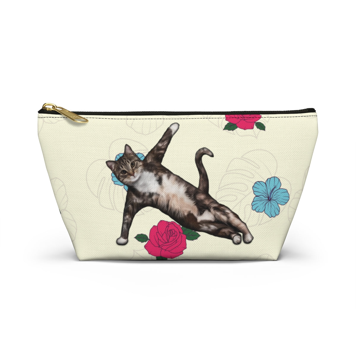 Yoga Pose accessory bag featuring a cat in a yoga pose and vibrant floral design. Cosmetic, makeup, toiletry, travel, pencil case & everyday bag for cat lovers.