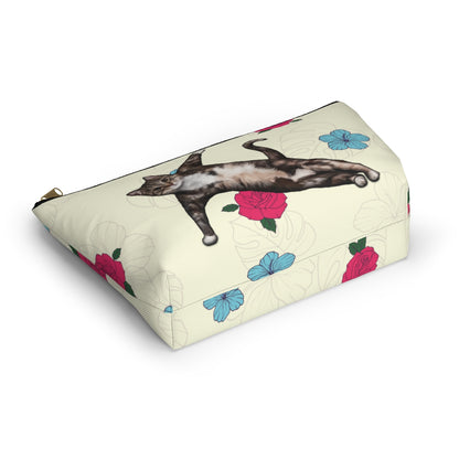 Yoga Pose accessory bag featuring a cat in a yoga pose and vibrant floral design. Cosmetic, makeup, toiletry, travel, pencil case & everyday bag for cat lovers.